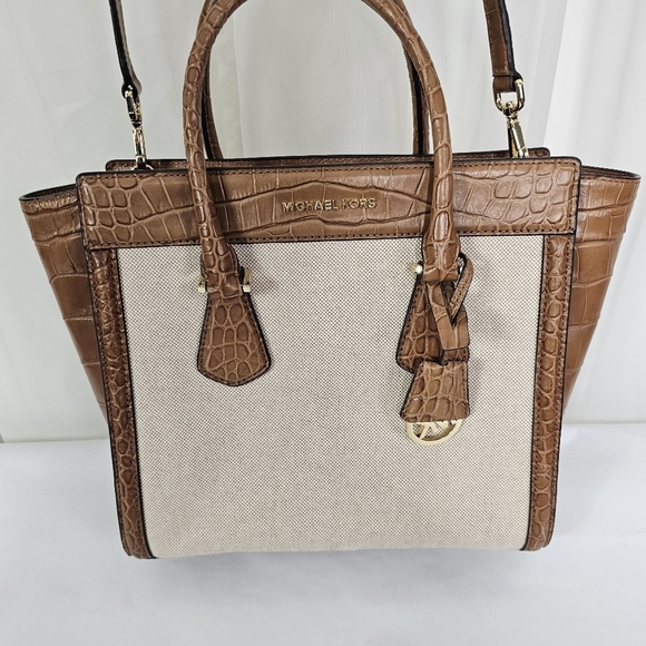 Michael Kors Colette Beige Canvas and camel brown crocodile top zip bag - Picture 2 of 9